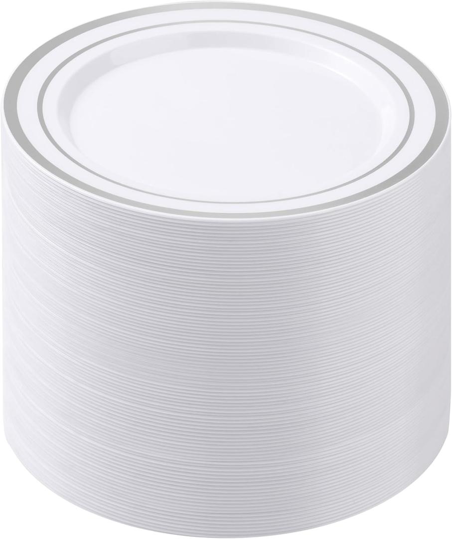 100PCS White Plastic Plates for Party, 7 Inch Heavy Duty Dinner Plates with Silver Rim, Disposable Plates for Wedding and Birthday