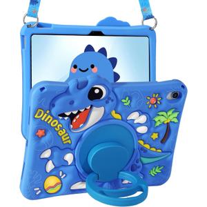Boaretiu Tablet Case - Cute Cartoon Silicone Cover with Adjustable Shoulder Strap & Rotating Stand for Kids Boys Girls, for iPad 11th(A16) 2025 11 inch/10th Generation 10.9" 2022 Case, Blue Dinosaur