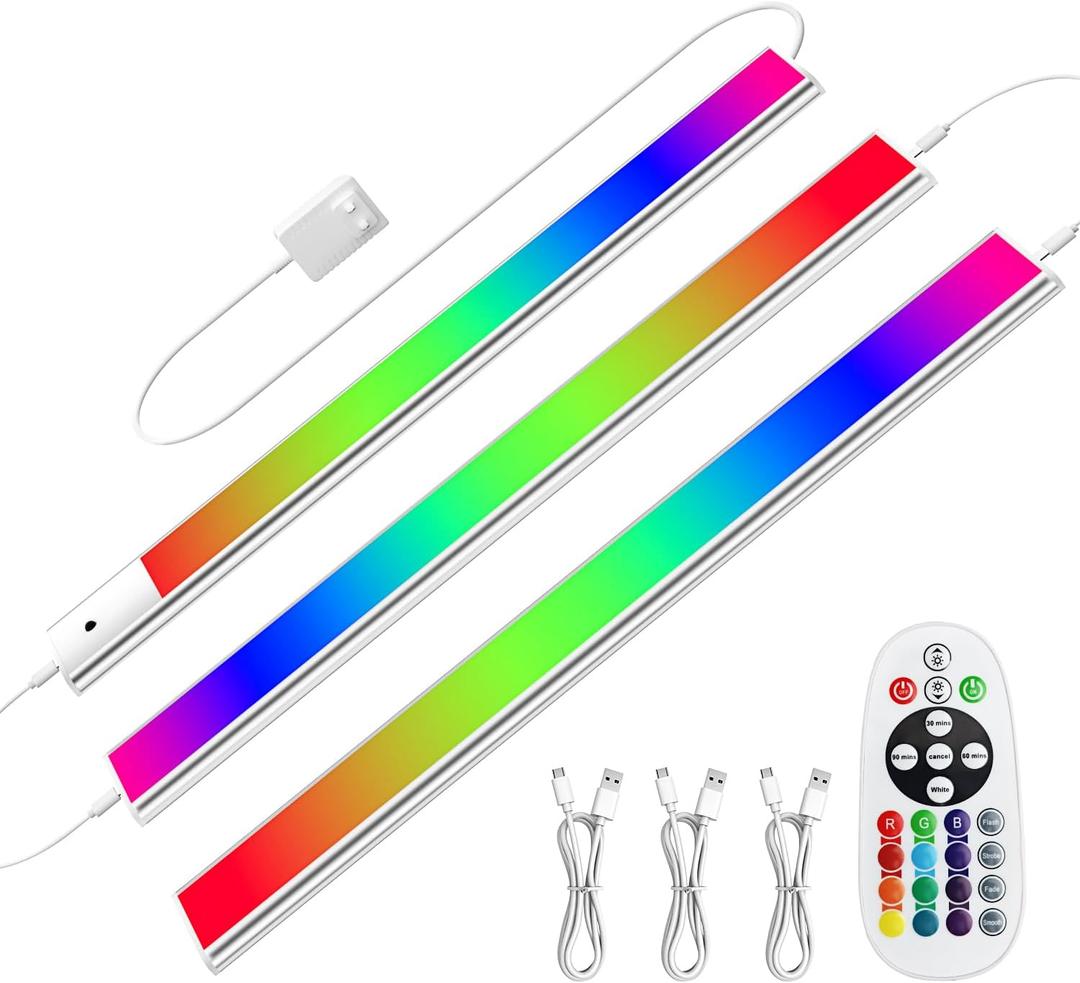 Diomart RGB Under Cabinet Lights with Remote, Dimmable Plug-in/Hardwired LED Light Bar for Kitchen Counter, 12 Inch, 3 Pack | Multi-Color Modes for Desk, Closet