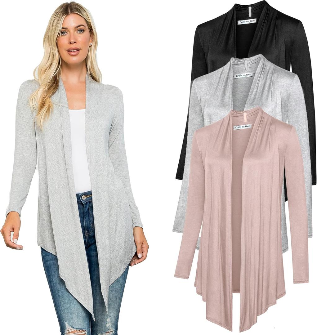 Free to Live 3 Pack Long Sleeve Cardigan for Women Open Front Dressy Casual Fall Draped Lightweight Sweaters Cover Up Shrugs (X-Large, Black, Heather Grey, Mocha)