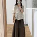 Women's Cotton Linen Embroidered Tunic Blouse Elegant Puff Short Sleeve Crewneck Layered Button Down Shirt (Beige)