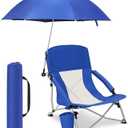 Lineshading 1 Pack Low Beach Chair with Umbrella for Adult, Lightweight Backpacking Folding Recliner Chairs with Carry Bag for Summer Beaches Tent Camping Picnics Barbecues Travel Outdoor (Royal Blue), 27.6" L x 6.5" W x 6.7" H