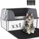 Suhaco XXL Stainless Steel Litter Box with High Sided Deep Side Entry Deep Extra Large Metal Litter Box Included Mat & Scoop Anti-Urine Leakage Cat Litter Boxes for Big Cats (Grey)