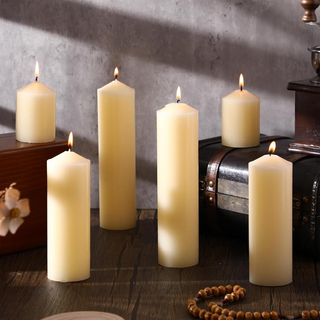 MTLEE 6 Pcs Pillar Candles 3 Set 2 in x 3, 6, 8 Inch Smokeless Dripless Unscented Pillar Candles Long Clean Burning Wax for Wedding Dinner Party Spa Emergency Ceremony Home Decor (Ivory White)