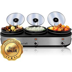 MegaChef Triple 2.5 Quart Slow Cooker and Buffet Server in Brushed Silver and Black Finish with 3 Ceramic Cooking Pots and Removable Lid Rests