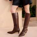 wetkiss Low Heel Knee High Boots for Women Regular Calf Friendly Side Zipper Almond Toe Faux Leather Comfortable Boots for Walking, Dancing, Standing for Long Periods With No Pain (10)