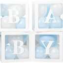 Baby Boxes with Letters for Baby Shower, 4 Transparent Balloon Boxes with Letters for Gender Reveal Birthday Wedding Baby Shower Decorations(Blue and White Balloons)