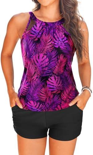 Tankini Bathing Suits with Shorts - High Neck Tankini Swimsuits Two Piece with Two Side Pockets Tummy Control Swimwear 2025 M