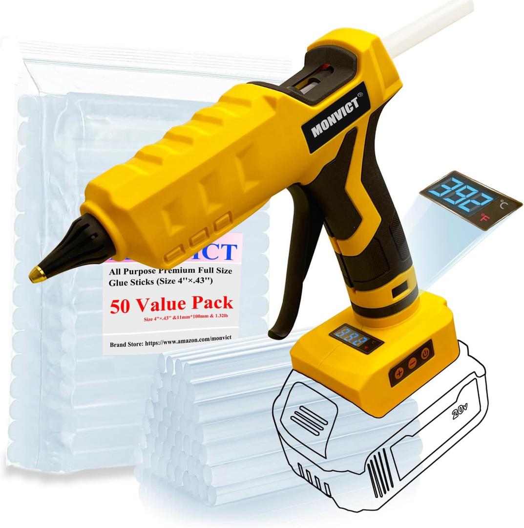 MONVICT Cordless Hot Glue Dispenser for Dewalt 20V Battery with 50 Glue Sticks, Upgraded 100W Digital Temperature Adjustable Handheld Electric Power Full Size Heavy Duty Hot Glue Dispenser (Tool only)