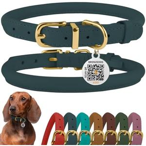 BRONZEDOG Rolled Leather Dog Collar with QR ID Tag Adjustable Soft Round Collars for Small Medium Large Dogs Puppy (9" - 11" Neck Size, Denim) 1 Ct BRONZEDOG Rolled Leather Dog Collar with QR ID Tag Adjustable Soft Round Collars for Small Medium Large Dogs Puppy (9" - 11" Neck Size, Denim) 1 Ct