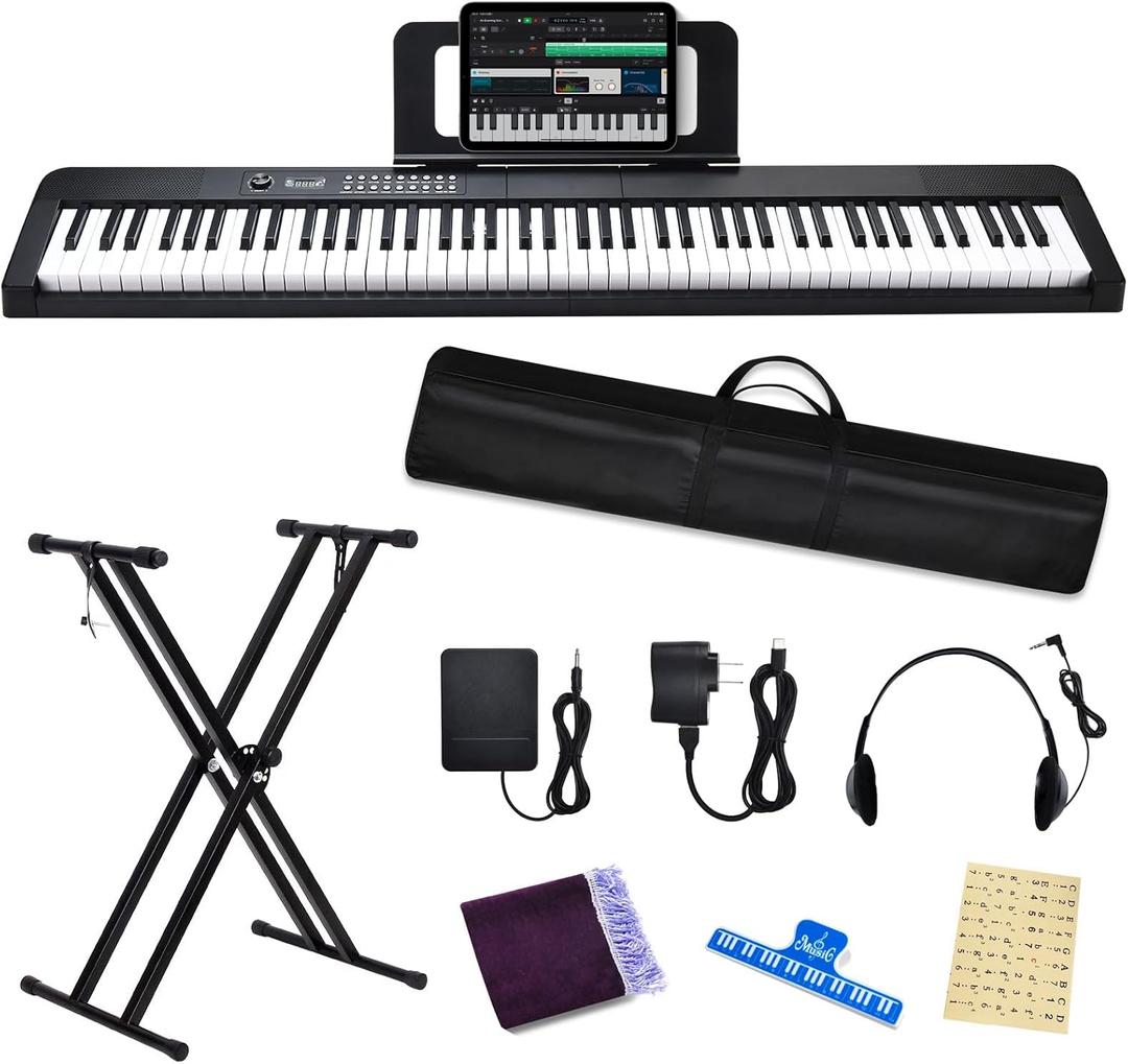 88 Key Piano Keyboard, Electric Digital Piano with Semi Weighted Keys, Keyboard Piano with Sustain Pedal, Power Adapter, Stand, Carrying Case, Headphones, USB-MIDI Compatibility, for Beginner Adults