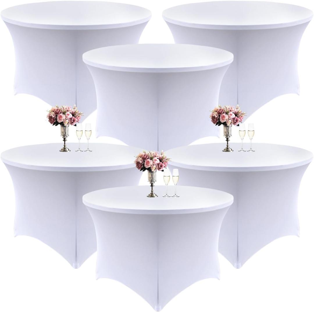 6 Pack White Round Tablecloth with Foot Pockets, 72 Inch Diameter x 30 Inch High Stretch Spandex Table Cover for 6ft Round Tables, for Wedding, Banquet, Vendor Booth