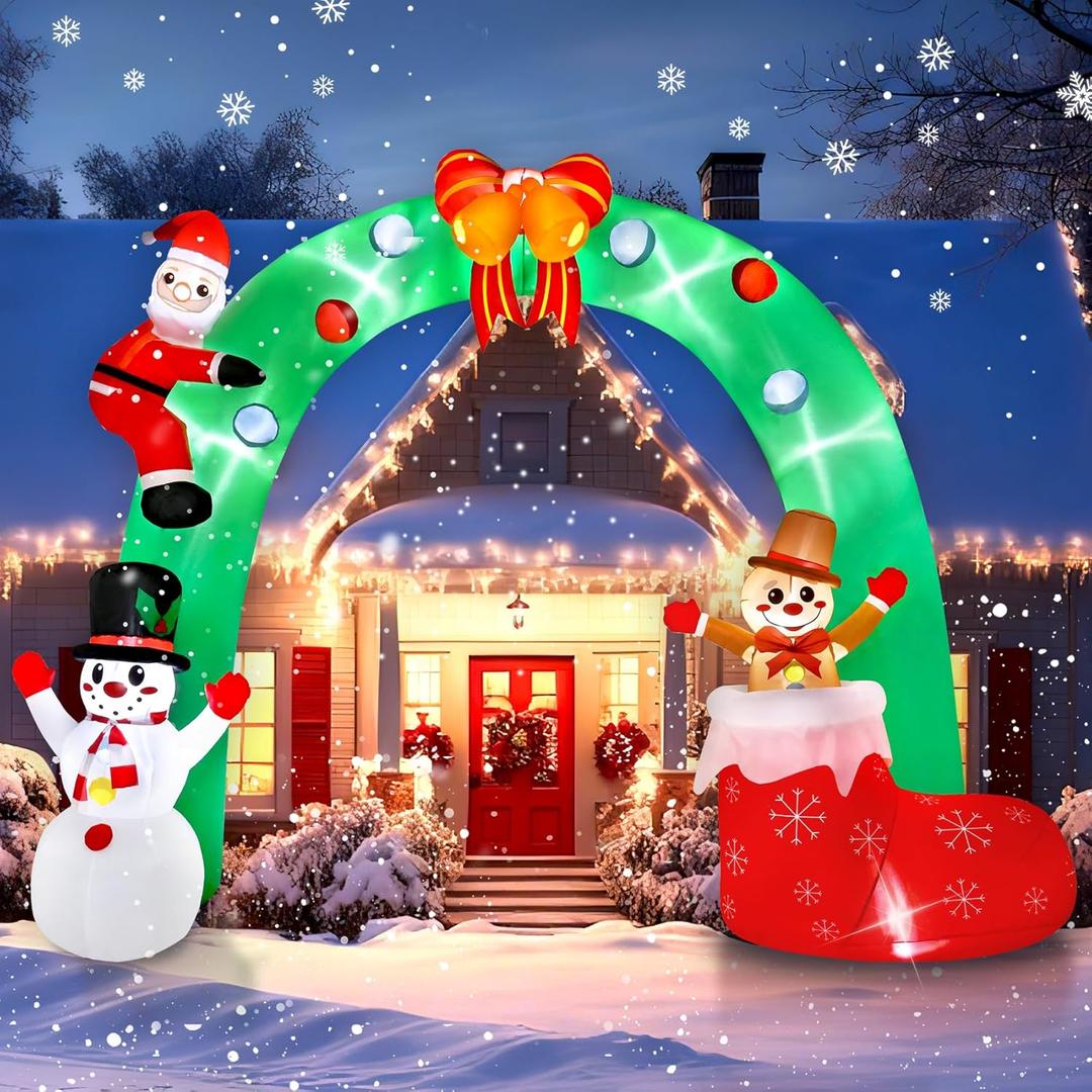 9FT Christmas Inflatables Archway with Santa Claus, Snowman & Gingerbread Man, Christmas Inflatable Outdoor Decorations with LED Lights, Large Blow Up Yard Decor for Xmas Garden Lawn