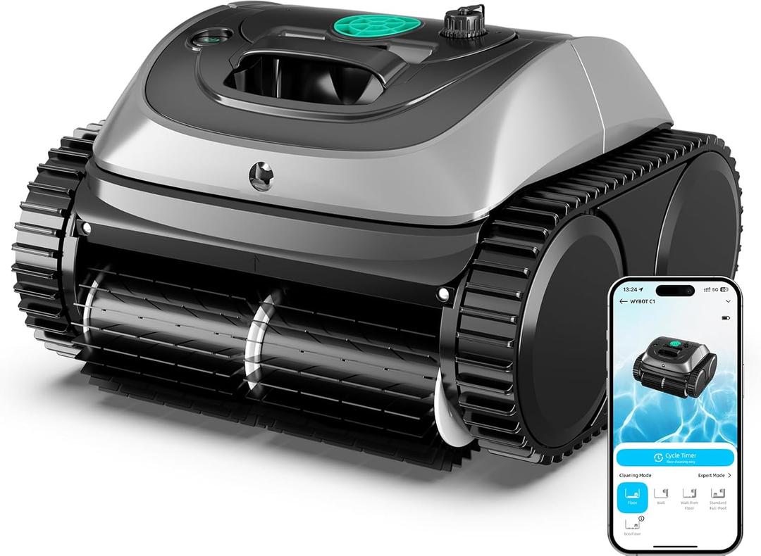 WYBOT C1 Robotic Pool Vacuum for Inground Pools, 150min Runtime Cordless Pool Cleaner, 4-in-1 Wall & Waterline Cleaning Up to 1,614Sq.ft, Smart Navigation, App Support (Gray) (Gray)