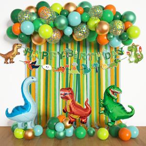 Dinosaur Birthday Party Decorations Supplies Happy Birthday Banner Crepe Paper Green Orange Blue Gold Dino Foil Balloons Garland Arch Kit for Jungle Safari Dinosaur Themed Baby Shower Party Boys Kids