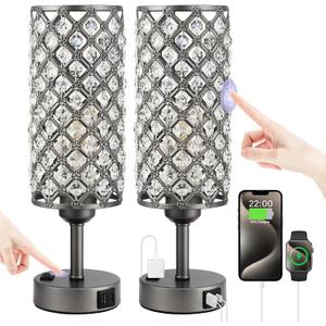 Hong-in Gray Crystal Lamp Touch Control Set of 2, Crystal Table Lamps with USB C+A Ports & AC Outlet, 3-Way Dimmable Nightstand Touch Lamp, Modern Bedside Table Lamp for Bedroom(Bulbs Included)