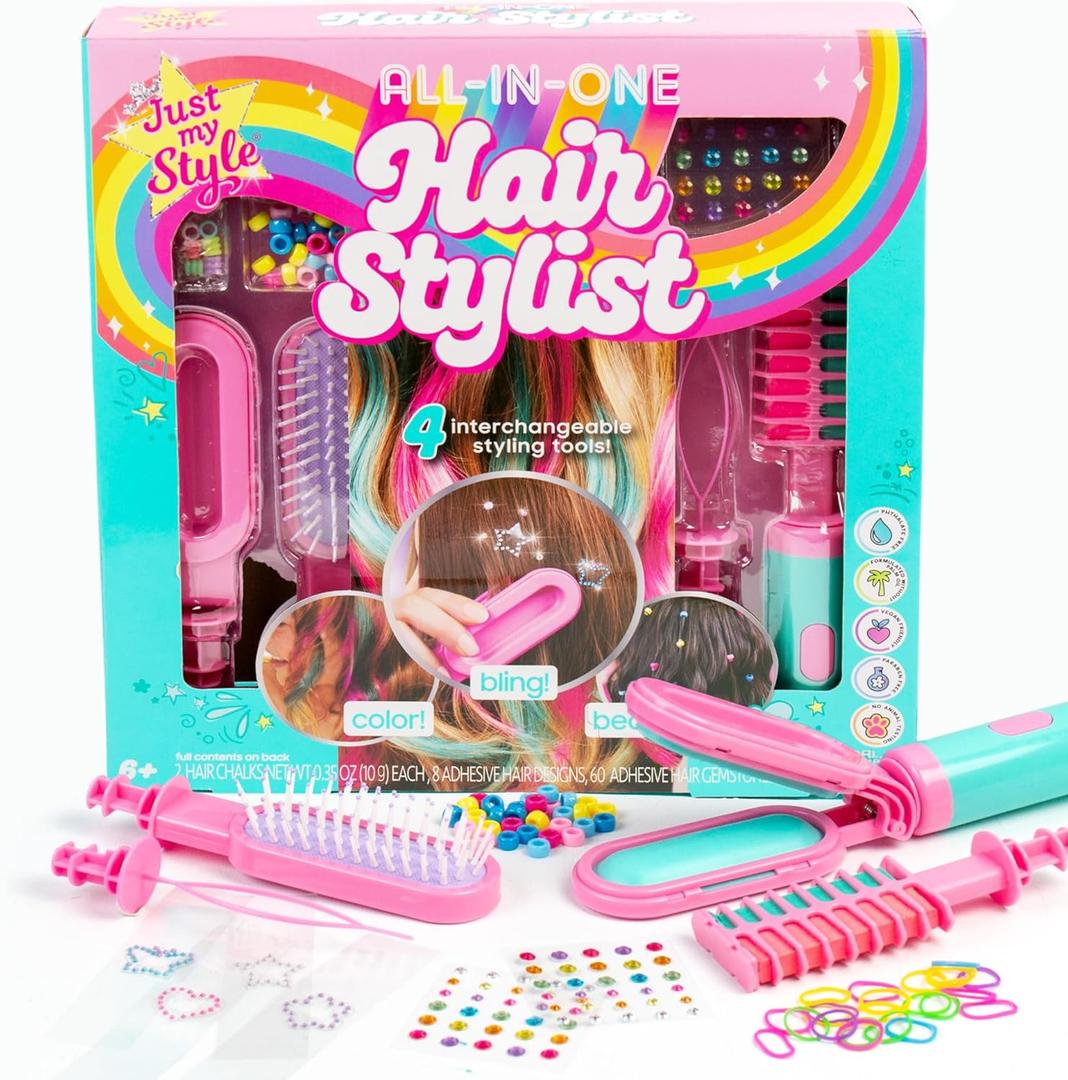 Just My Style All-in-One Hair Stylist, 4-in-1 Styling Tool with Gem Stamper, Beader, Chalk, and Brush - Fun Hair Accessories for Girls 8-12 (Multi)
