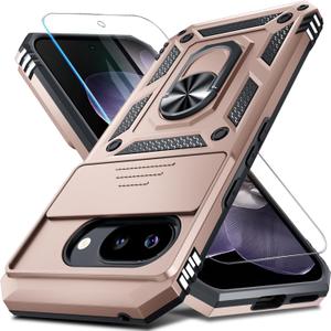 Janmitta Case Compatible with Google Pixel 9A Built in Slide Camera Lens Cover+Screen Protector+Finger Ring Holder Kickstand,Heavy Duty Shockproof Full Body Protective Phone Cover,Rose Gold