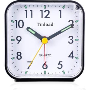 Small Battery Operated Analog Alarm Clock Silent Non Ticking, Ascending Beep Sounds, Snooze,Manual Light, Easy Set(Black)