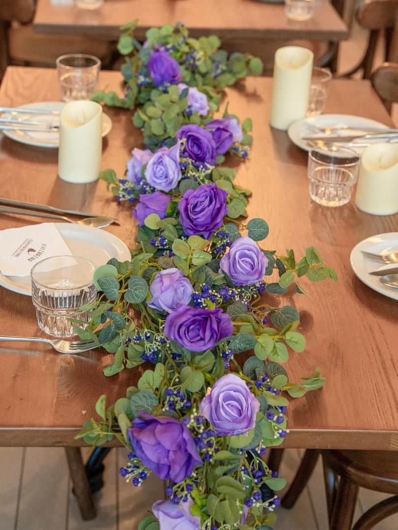 6FT Eucalyptus Garland with 10 Purple Roses and Baby Breath Artificial Flower Greenery Garland for Table Centerpiece Party Wedding Decorations Indoor Outdoor Wall Backdrop Decor