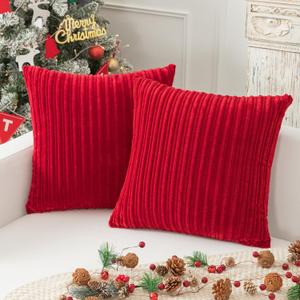 Kevin Textile 2 Pack Striped Plush Velvet Corduroy Christmas Decoration Euro Throw Pillow Sham Cushion Cover for Couch Sofa Floor 20 x 20 inch (50cm), Burgundy