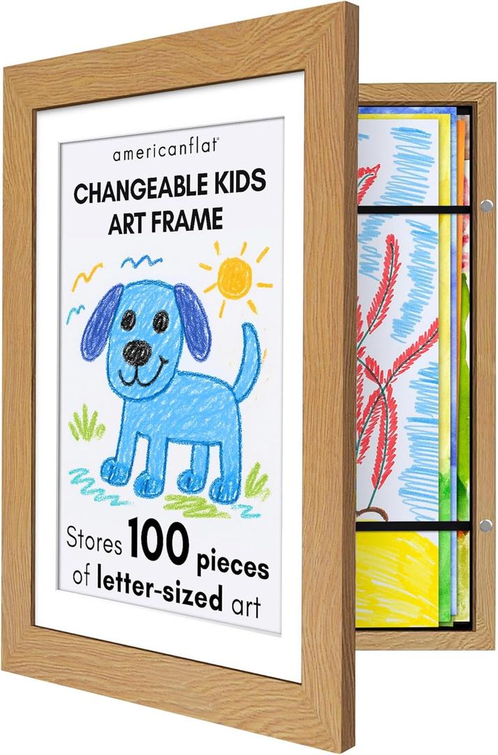 Americanflat Kids Artwork Frame Changeable (Dark Oak) - Magnetic Door Holds 100 Art Pieces - 8.5x11 Letter Size Display with Mat or 10x12.5 Without Mat - My Mini Masterpiece