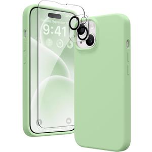 GONEZ for iPhone 15 Case, Liquid Silicone Case with [1 Screen Protector + 1 Camera Lens Protector], Anti-Scratch Soft Microfiber Lining Shockproof Protective Phone Cover 6.1", Green