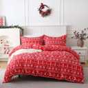 JSD Red Christmas Duvet Cover Set Queen Size, 3 Piece Snowflakes Reindeer Snowflakes Printed Microfiber Comforter Cover with Pillow Sham