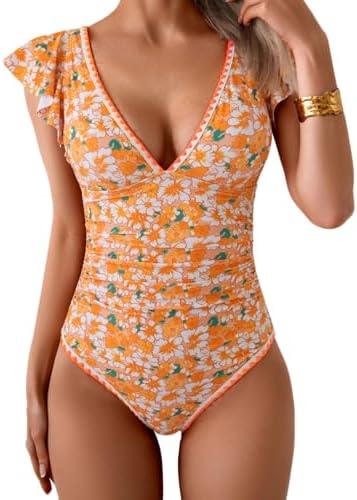 Aidonger Women's One Piece Ruffle Swimsuit Tummy Control Bathing Suit V Neck Shell Stitched Swim Suit Slimming Swimwear Larg