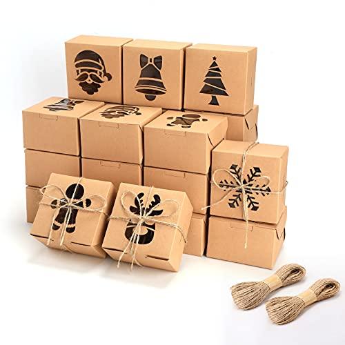 Tenare 30 Pieces Christmas Cookie Boxes with Clear Window Cupcake Bakery Boxes Pastry Packaging Kraft Present Box with Rope for Food Present Giving, 4 x 4 x 2.5 Inches(Brown,Classic)