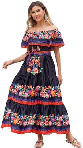 Women Mexican Dress Off Shoulder Floral Long Maxi Dress Summer Beach Party Cinco de Mayo Dresses with Belt, S