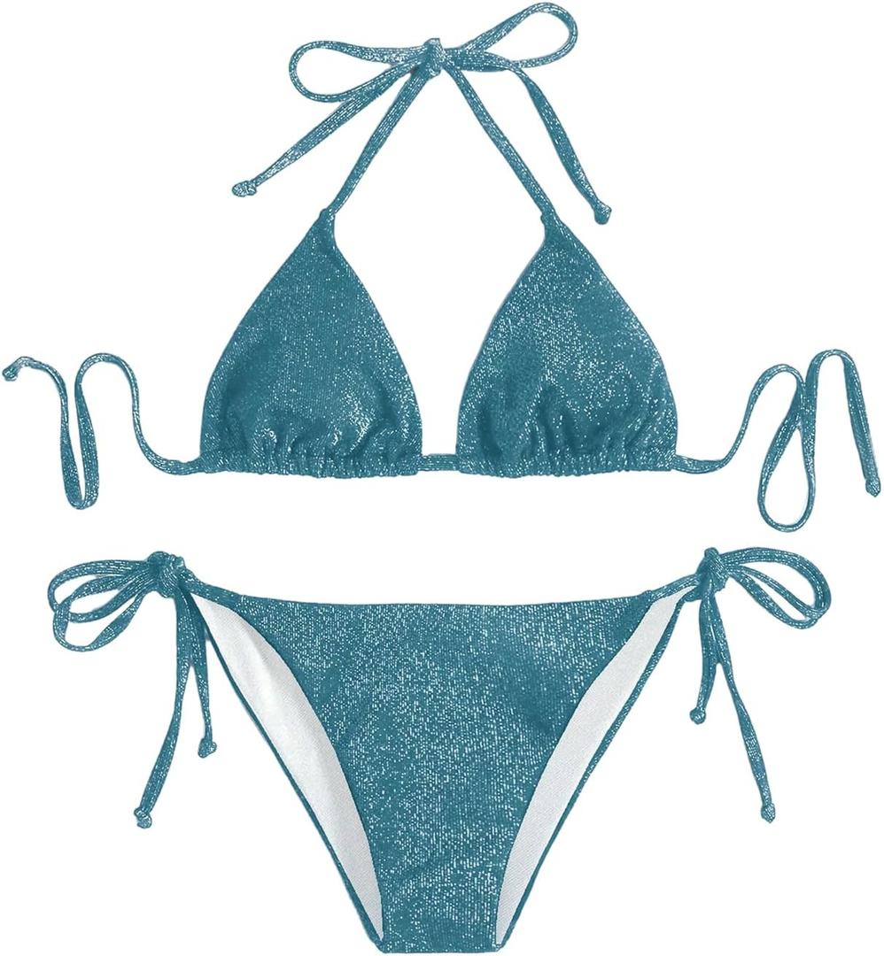 OYOANGLE Women's 2 Piece Glitter Swimsuit Triangle Halter Bikini Set Tie Side Bathing Suits Swimwear (Teal, L)