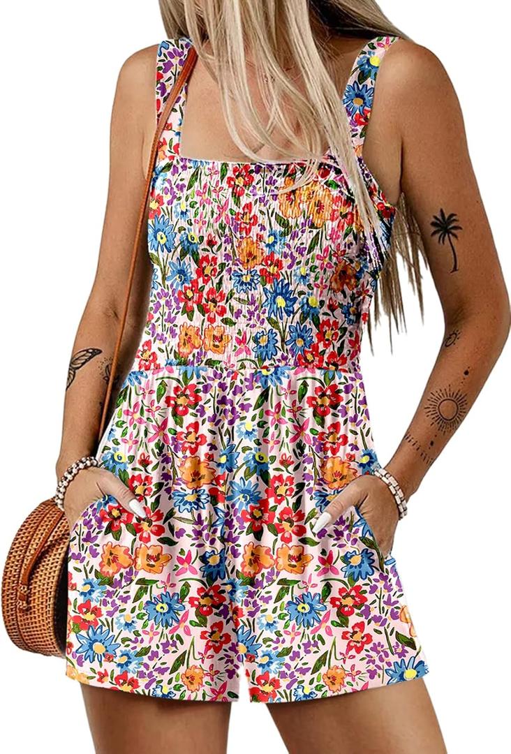 Dokotoo Women's Summer Casual Smocked Rompers Square Neck Sleeveless Loose Shorts Jumpsuits 2026 Beach Vacation Outfits (S)