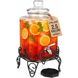 2.5 Gallon Glass Beverage Dispenser with Stand & Stainless Steel Spigot – Large Mason Jar Drink Dispenser for Sun Tea, Kombucha, Iced Tea, Lemonade, Sangria & Cold Drinks