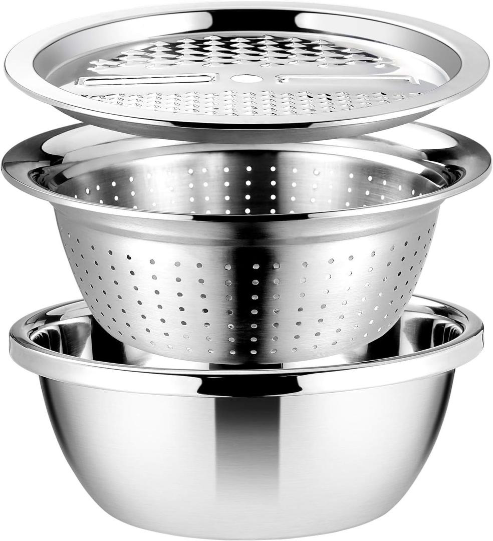 Stainless Steel Grater with Drain Basket 3-in-1 Multipurpose Vegetable Cutter Salad Bowl Kitchen Strainer and Shredder 10.2 Inch