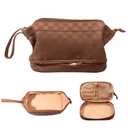 Abiudeng Large Makeup Bag for Women, Travel Makeup Organizer with Brush Holder, Dopp Kit Essentials, Waterproof Checkered Cosmetic Bag for Traveling, Multi Compartment, Cute, Spacious Capacity-Brown