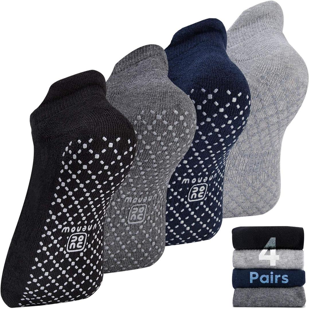 unenow Unisex Non Slip Grip Socks with Cushion for Yoga Pilates Barre Home & Hospital (Large, 4 Pairs-black/Blue/Light Grey/Dark Grey)