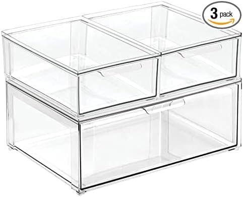 mDesign Plastic Stackable Closet Storage Organizer Bin Containers with Front Pull Drawer for Cabinet, Desk, Shelf, Cupboard, or Dresser Organization - Lumiere Collection - Set of 3 - Clear, Mixed Sizes (Pack of 3)