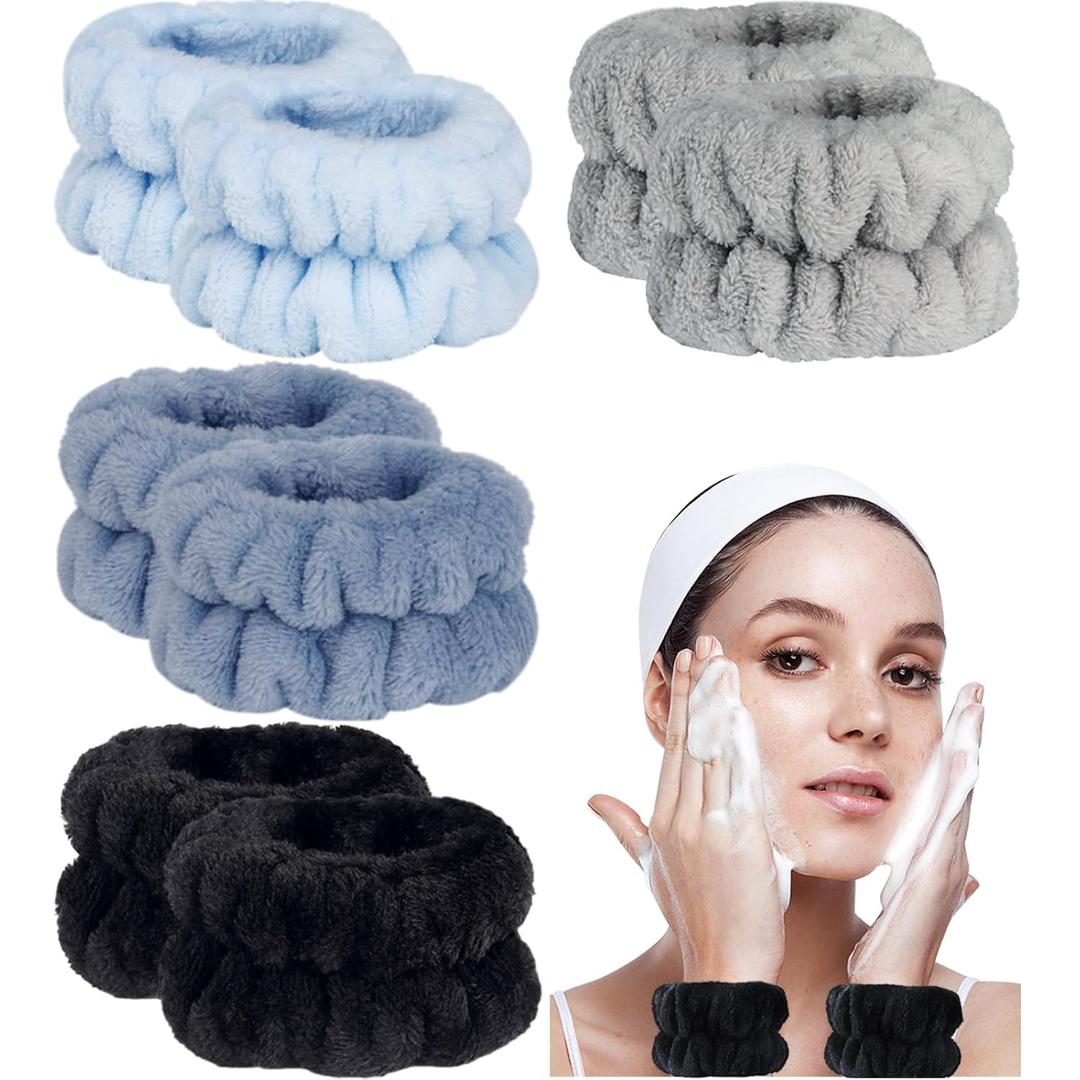 8pcs Wrist Bands for Washing Face, Absorbent Face Washing Wristbands, Microfiber Women's Spa Wrist Towels, Stretchy Wash Band for man, Prevent Water from Spilling Down Your Arms (D-Black+Gray+Blue+Cyan)