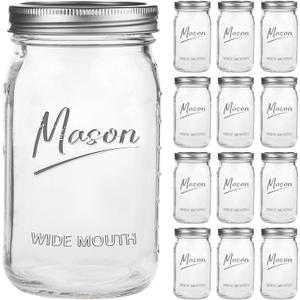 Mason Jars 32 oz,12 Pack Quart Wide Mouth Mason Jar With Airtight Lids, Glass Canning Jars for Fermenting, Pickling, Meal Prep, Overnight Oats & Centerpieces