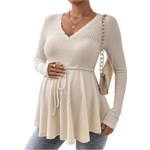Women's Waffle Knit Belted Maternity Tee Tops Ruffle Hem Long Sleeve V Neck Lace T Shirts (Large, Khaki)