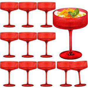 12 Pieces Martini Glasses 10.5oz Plasitc Ribbed Coupe Glasses Champagne Shatterproof Acrylic Vintage Cocktail Glassware Margarita Wine Glasses Disposable Cups for Parties Wedding Anniversary Bar Red