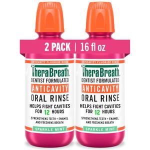 TheraBreath Anticavity Fluoride Oral Rinse Mouthwash, Fights Cavities, Strengthens Enamel and Freshens Breath, Dentist-Formulated, Alcohol-Free, Sparkle Mint Flavor, 16 fl oz, Pack of 2