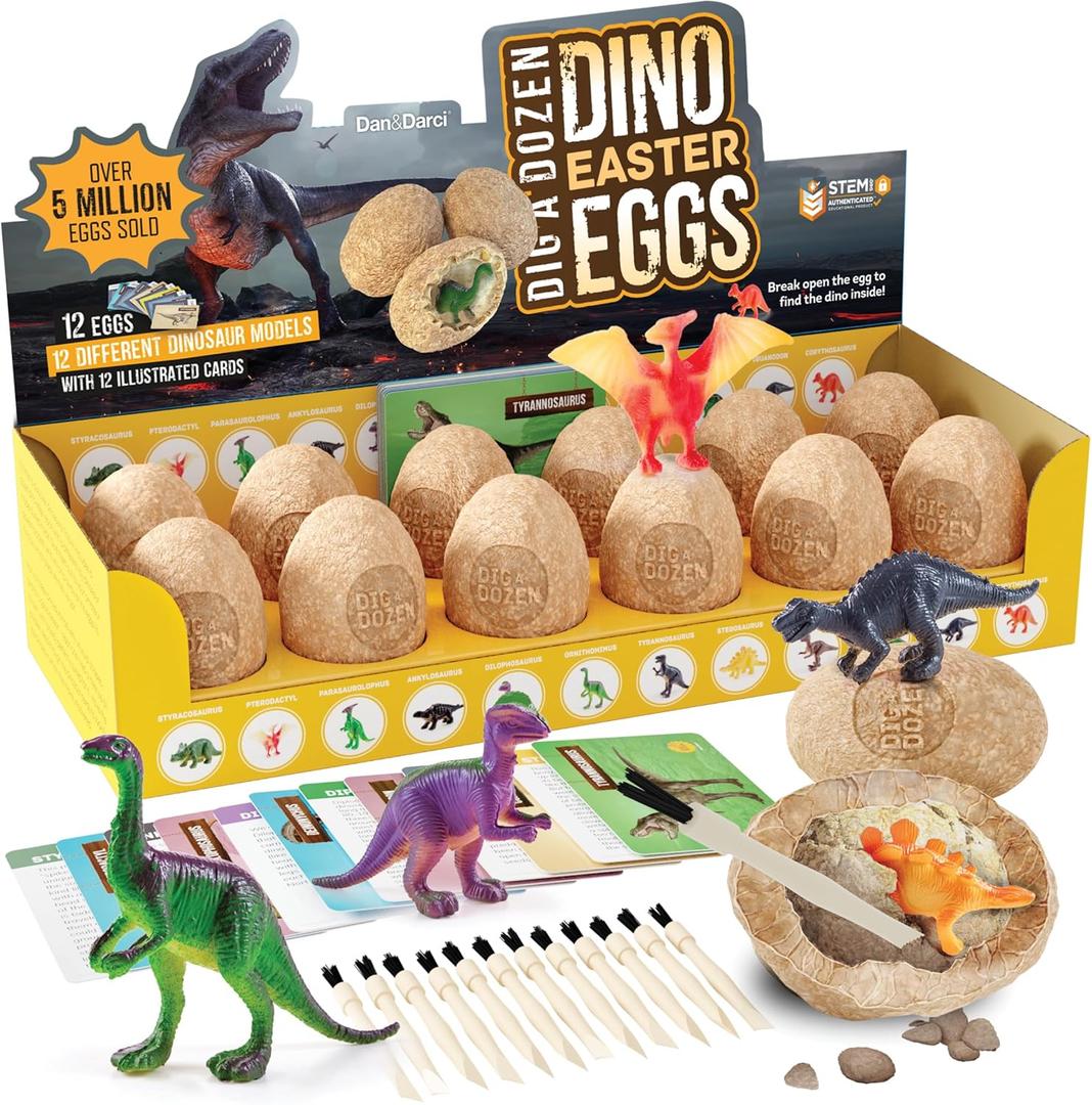 Dan&Darci Dig a Dozen Dino Egg Kit for Kids - Dinosaur Toys Easter Gift 3-12 Year Old - 12 Eggs & Surprise Dinosaurs - Basket Stuffers - Science STEM Activities - Boy Toy Party Gifts for Boys & Girls