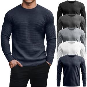 5 Pack Thermal Waffle Shirts for Men, Crew Neck Long Sleeve Casual Pullover Underwear Textured Knit Tops (Black, Dark Gray, Gray, White, Navy Blue)