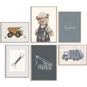6Pcs Vintage Construction Truck Nursery Canvas Wall Art Funny Teddy Bear Posters Print Artwork Boys Room Painting Pictures Wall Decor for Bedroom Playroom Home Decoration 8x10in Unframed (10L"x8W")