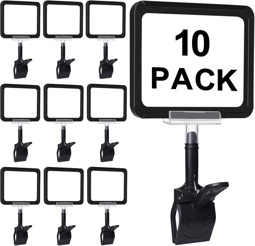 10 Pcs Super Strong Acrylic Sign Holder clips, Rotating Double Head Sign Price Tag Clip with PVC Card Protector,Reuse Pop Price Display Holder, Adjustable Display Clips for Supermarket,Business,Retail Store,Exhibition