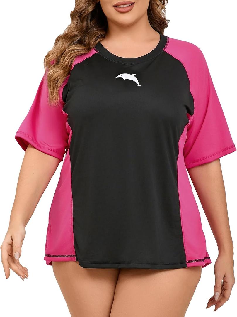Halcurt Women's Plus Size Short Sleeve Rash Guard Swim Shirt with Built in Bra UPF50+ Lightweigt Swimsuit Top