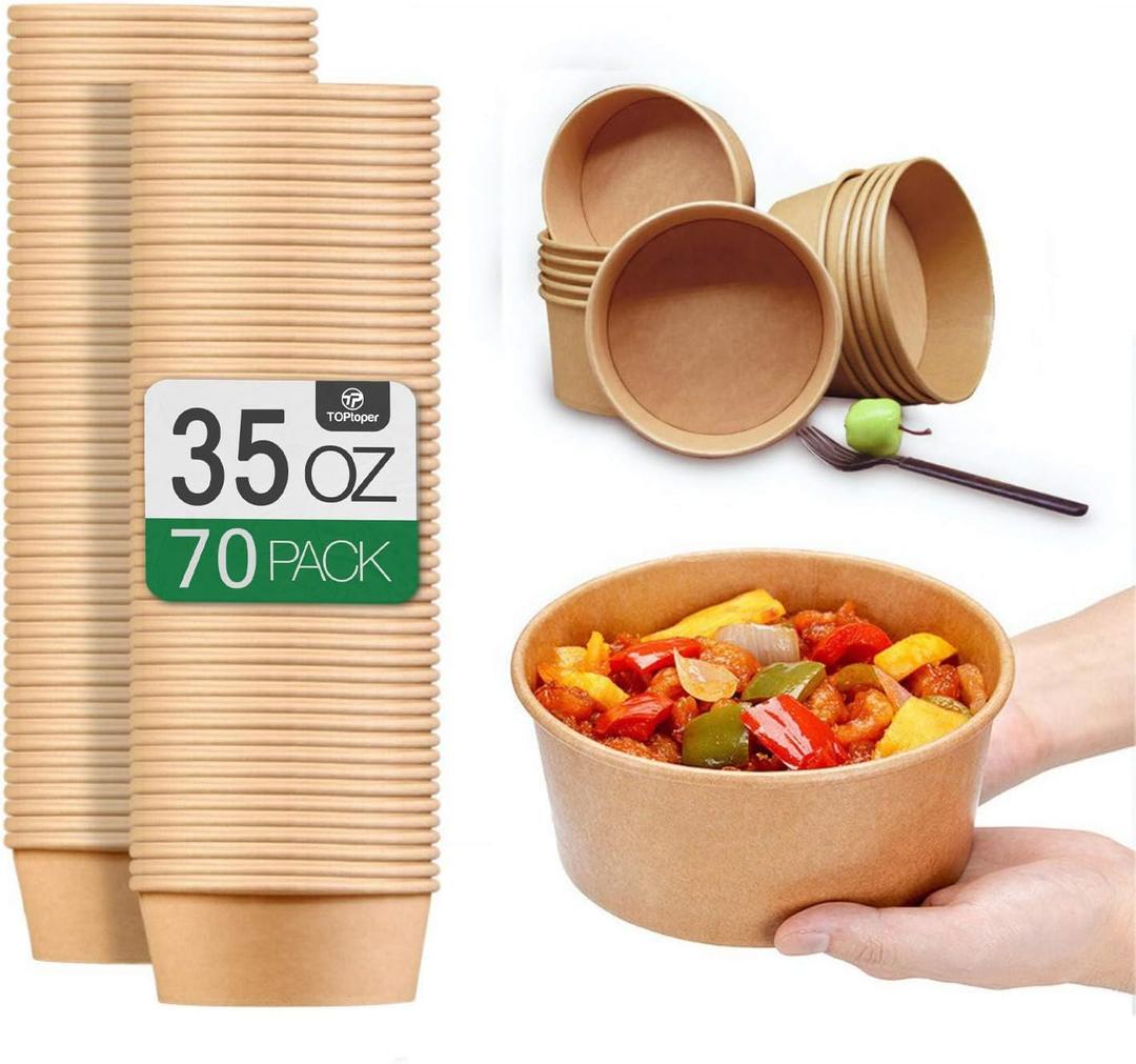 TOPtoper 35 Oz Large Paper BowlsWITHOUT LIDS 70 Pack Disposable Soup Bowls Plastic Free Party Supplies for Hot/Cold Food, Soup (35 OZ)