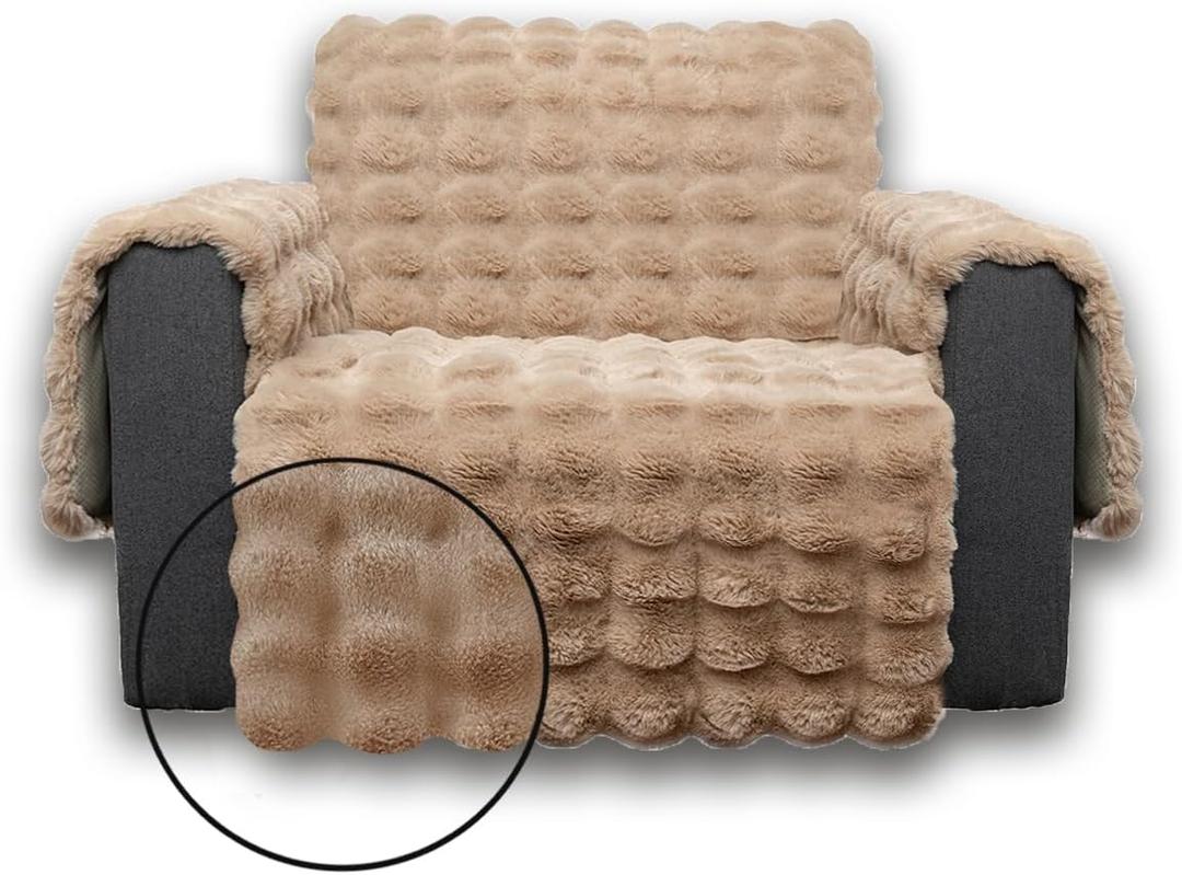 Plush and Fuzzy Shaggy Couch Cover, Dog Pad Faux Fur Sofa Cover, Water Resistant Slipcover, Non-Slip Furniture Protector for Kids,Dogs,Cats.(Light Brown-Bubble, Small-XL Chair)